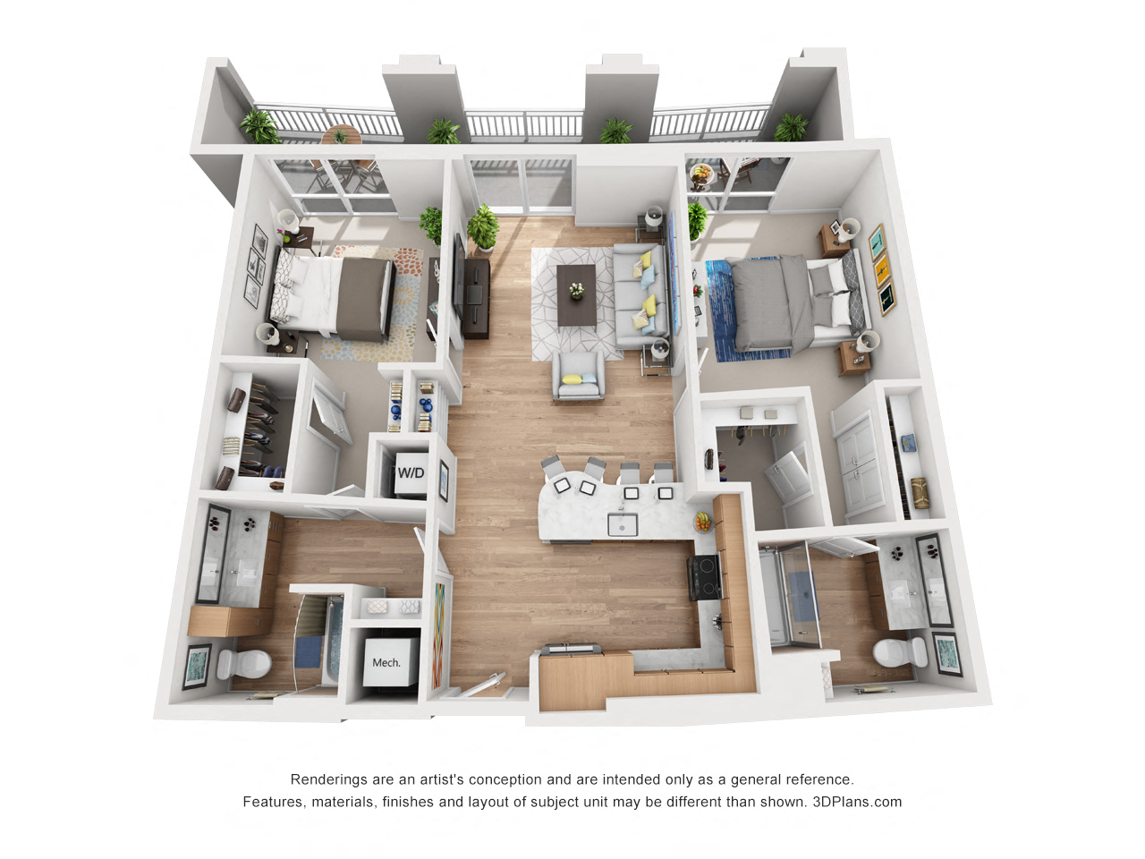 Floor plan for 2 beds, 2 baths, 1164 sqft